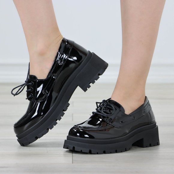 Chunky Penny Loafers Black Lug Sole Slip On Platform Patent Black Lace Up - Picture 6 of 14